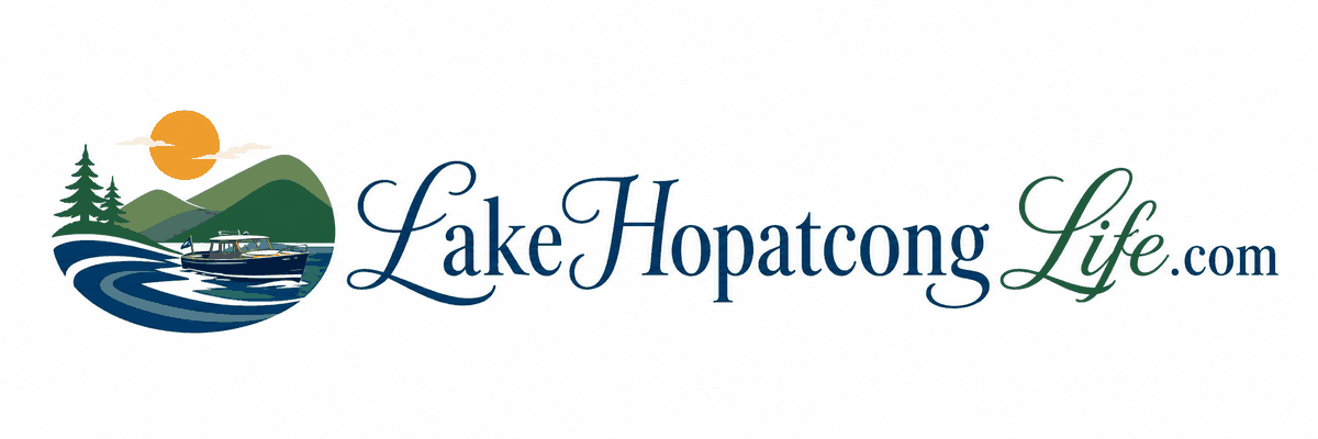 LakeHopatcongLife.com — lake, mountains, and vintage motorboat emblem